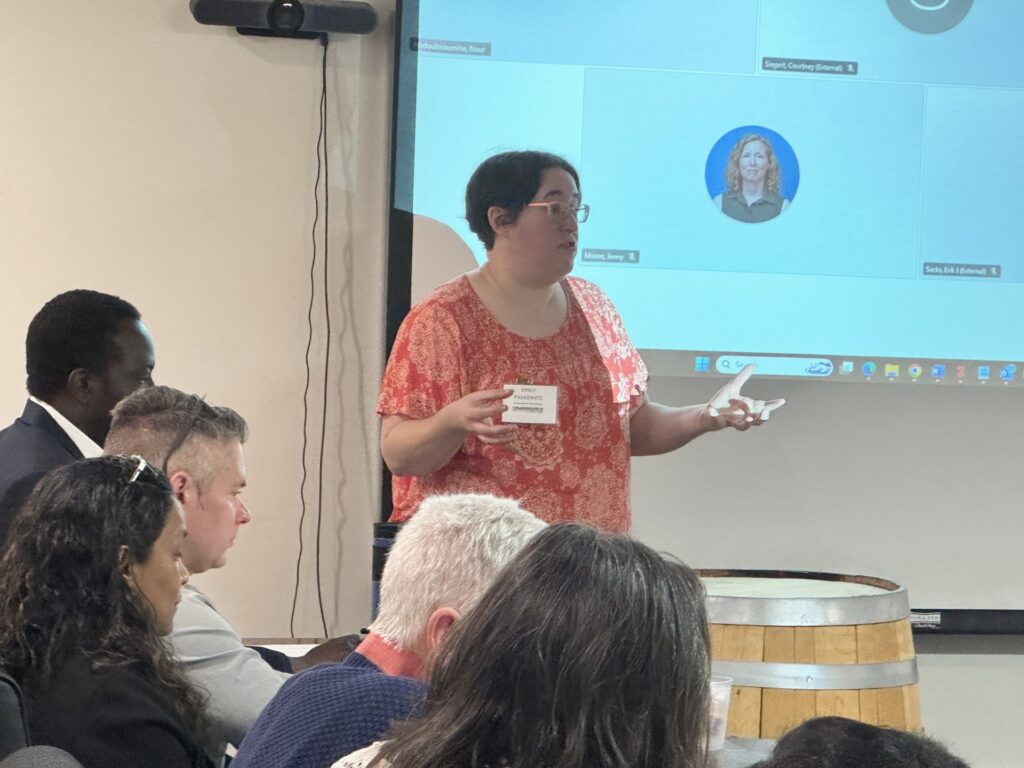 Presentation being delivered to a group of engineering workforce development attendees.